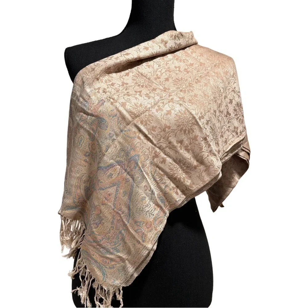 Elegant Shawl in Floral Cream on Cream - Versatile Wrap, Scarf, Veil Soft Rayon